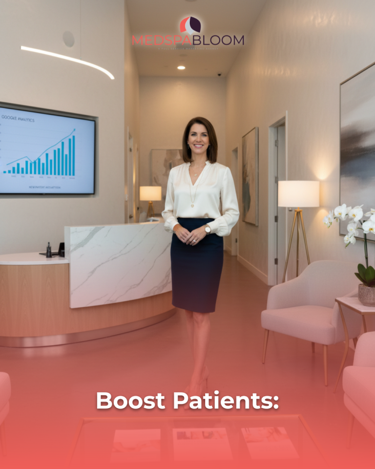 Smiling woman in a white blouse and navy skirt stands in a modern reception area with a marble counter and a wall-mounted chart; MedSpa Bloom logo above.