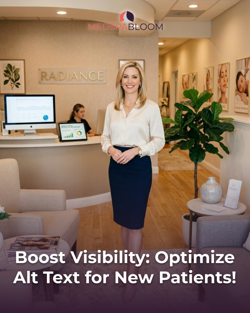 Reception area of a medical spa with a smiling staff member at the front desk, MedSpaBloom logo overhead and a Radiance sign in the background.