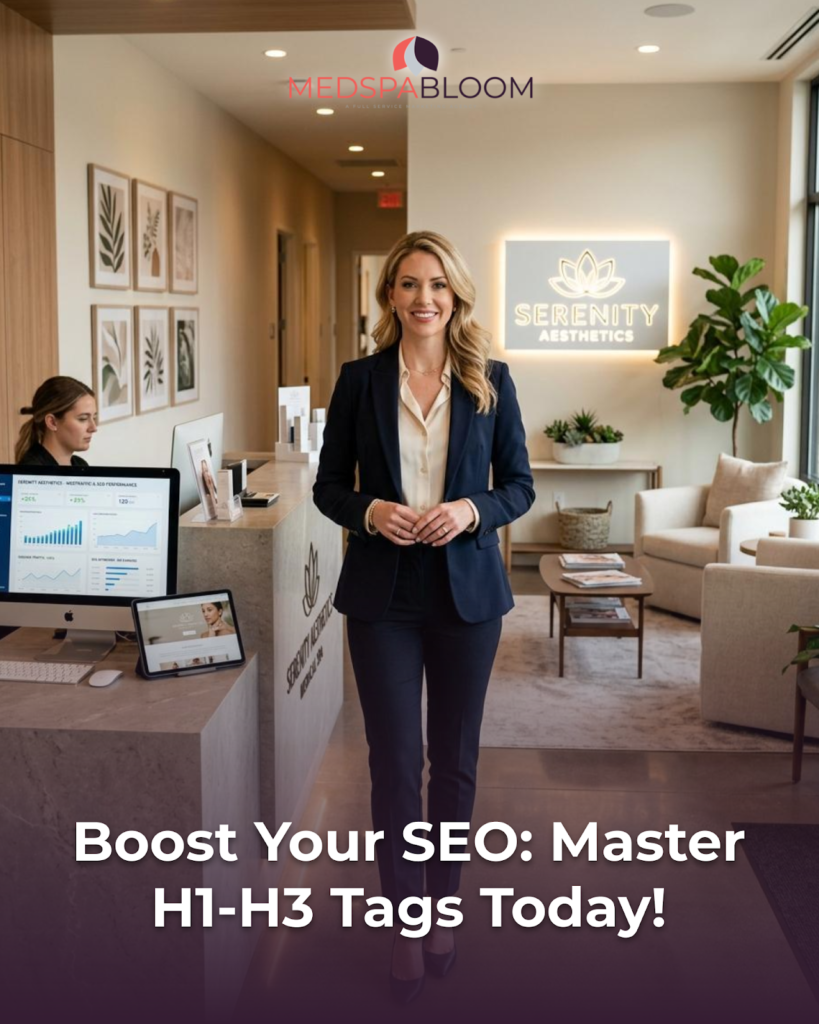 Professional woman in navy suit stands in the Serenity Aesthetics reception area, with the article title visible at the bottom: ‘Boost Your SEO: Master H1-H3 Tags Today!’