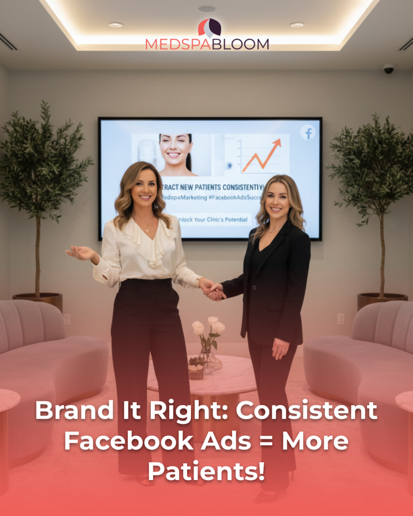 Two women in business attire shake hands in a modern office with a presentation screen behind them and a MedSpaBloom logo above.