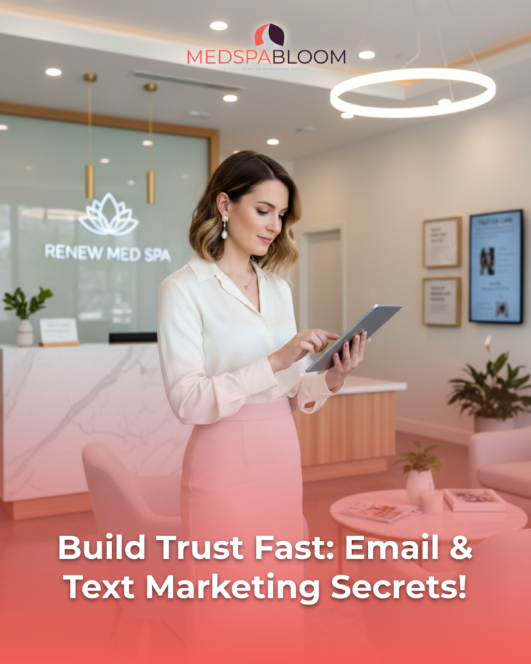 Professional woman in a cream blouse and pink skirt uses a tablet at a spa reception, Renew Med Spa sign visible in the background.