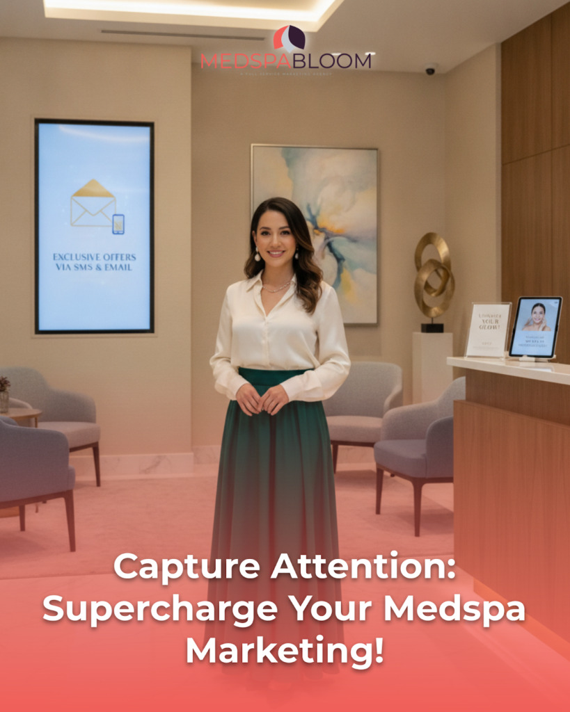 Smiling woman in white blouse and green skirt standing in a modern MedSpa lobby with logo overhead.