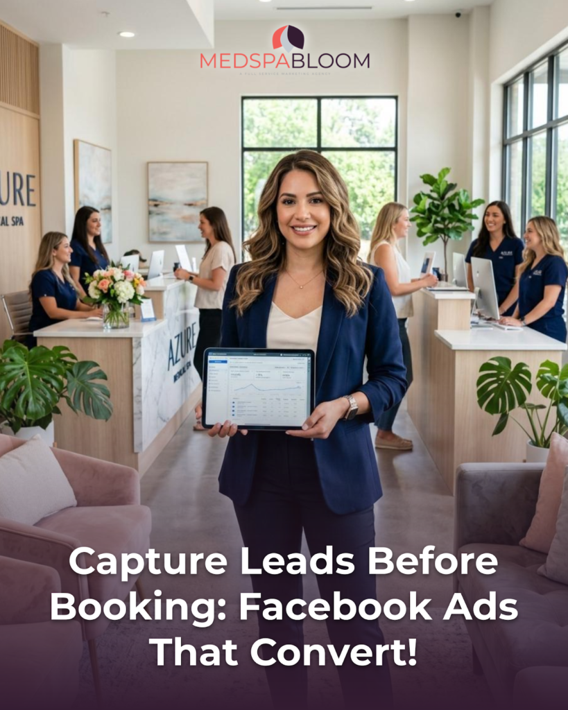 Professional woman in navy blazer holding a tablet with charts in a bright spa reception .
