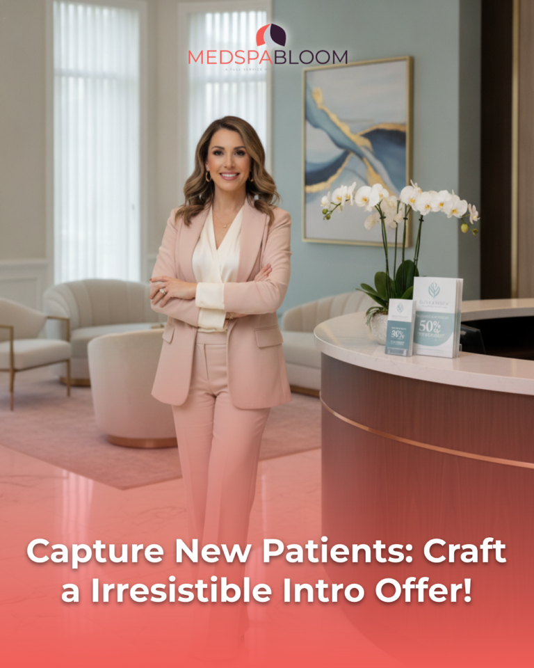 Professional woman in a blush pink suit stands with arms crossed in a spa reception, MedSpaBloom logo overhead. (Informational image)