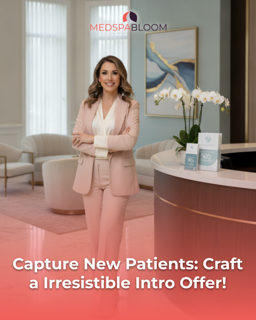 Professional woman in a blush pink suit stands with arms crossed in a spa reception, MedSpaBloom logo overhead. (Informational image)
