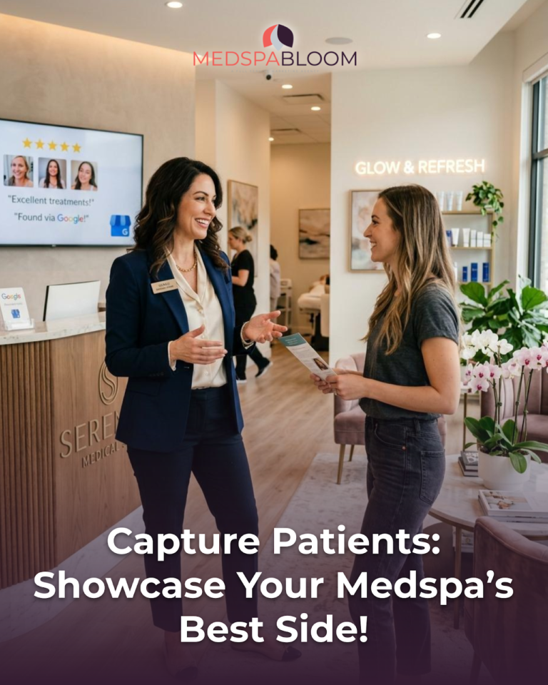 Reception area of a medispa with a receptionist in a navy blazer speaking to a client while holding a brochure; MedSpaBloom logo overhead and bright, modern interior with plants and seating.