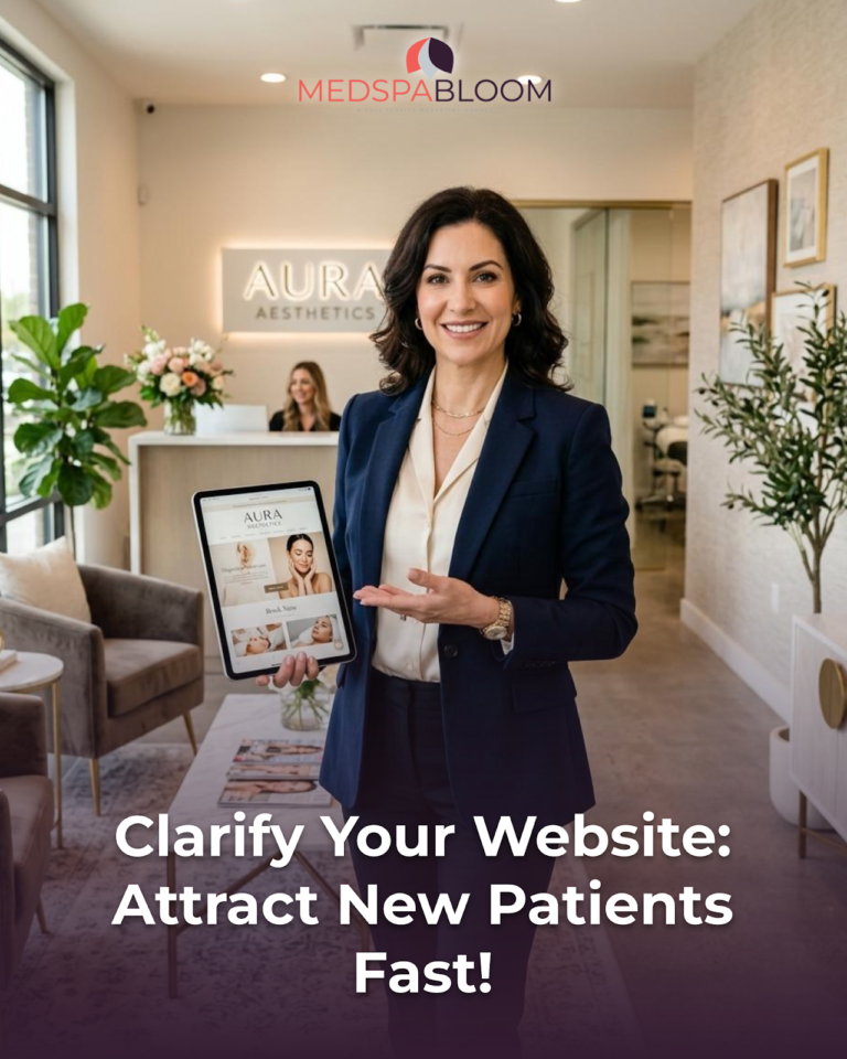 Smiling woman in a navy blazer presents a tablet in a modern aesthetics clinic lobby.