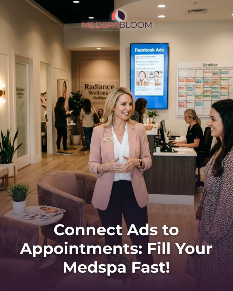 Reception area of a med spa with a smiling woman in a pink blazer greeting a client at the front desk; branding and screens in the background.