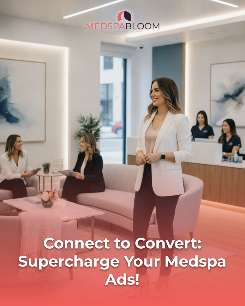 Medspa lobby with staff and clients seated on pink sofas, logo centered at top, reception area in back.