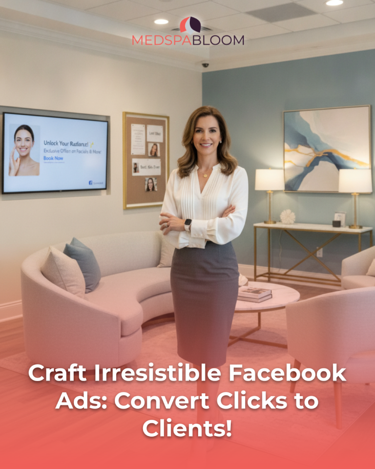 Professional woman in a white blouse stands in a modern reception area with a MedSpaBloom logo overhead, for a Facebook ads article.