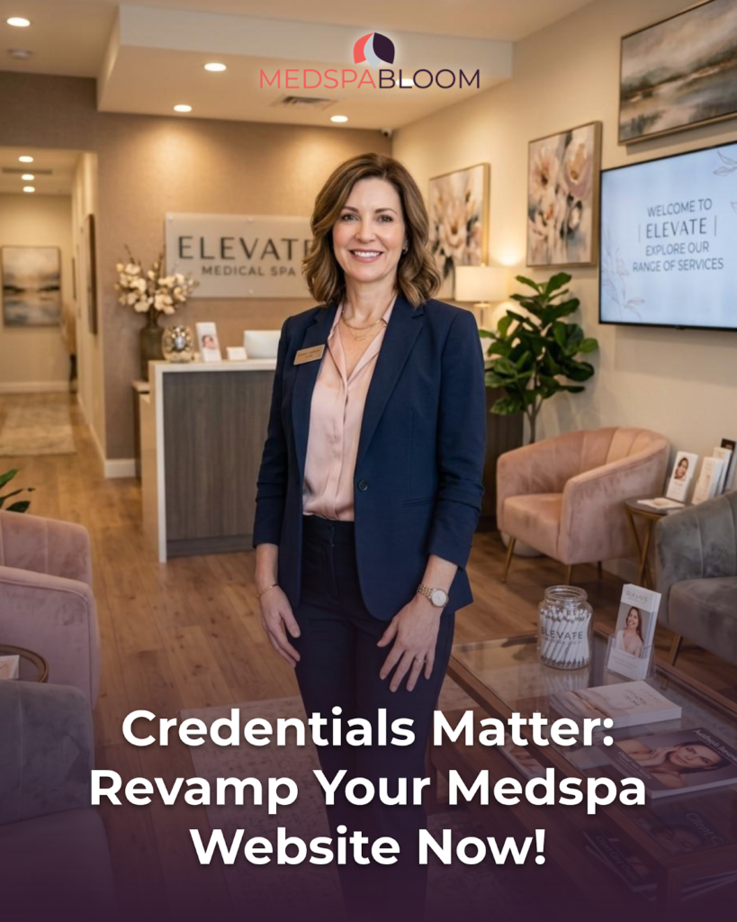 Professional woman in a navy blazer smiles in a modern med spa lobby; logo is visible above her.