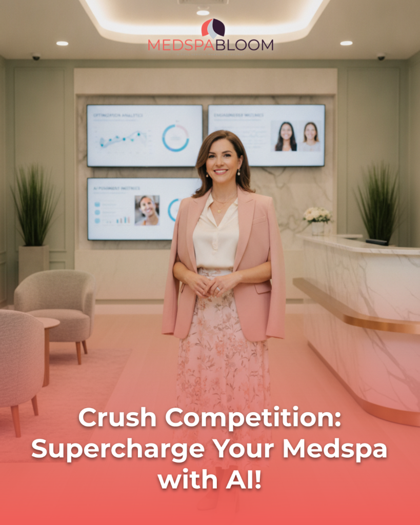 Smiling woman in a pink blazer and floral dress stands in a modern MedSpa lobby, with MedSpaBloom logo above and the headline about AI-powered competition.