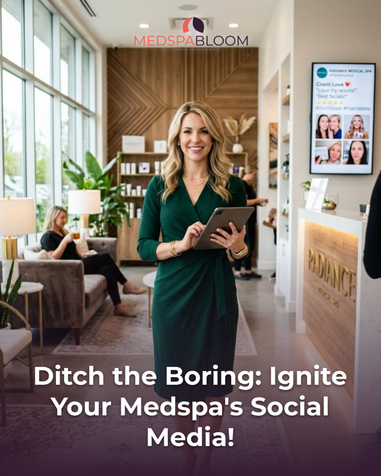 Smiling professional in a green dress holding a tablet stands in a modern med spa lobby with the MedSpaBloom logo above her.