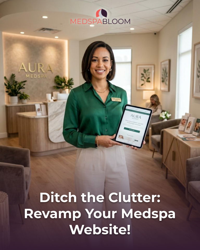 Smiling staff member in a green blouse holds a tablet displaying the Aura MedSpa website in a bright reception area.