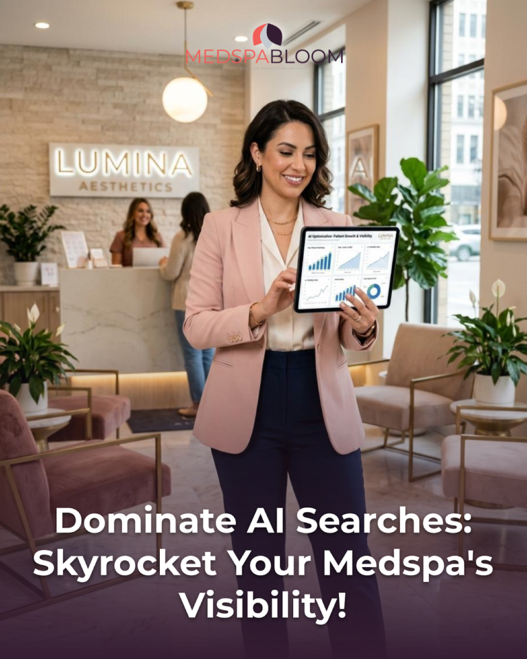 Professional woman in a pink blazer shows analytics on a tablet in a chic med spa lobby; Lumina Aesthetics branding in background.