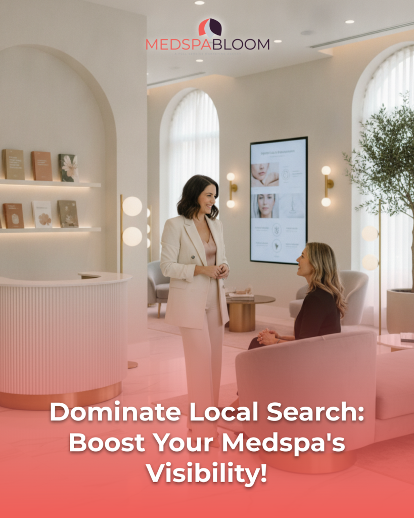 Medspa lobby with two women talking near a reception desk, MedspaBloom logo overhead and a digital display screen in a bright, modern space.