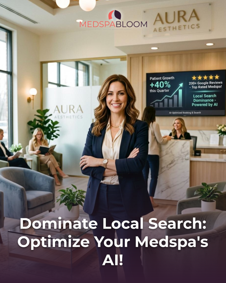Professional woman in a navy suit stands in a modern medspa lobby with Aura Aesthetics signage and a digital growth screen in the background; overlay reads 'Dominate Local Search: Optimize Your Medspa's AI'