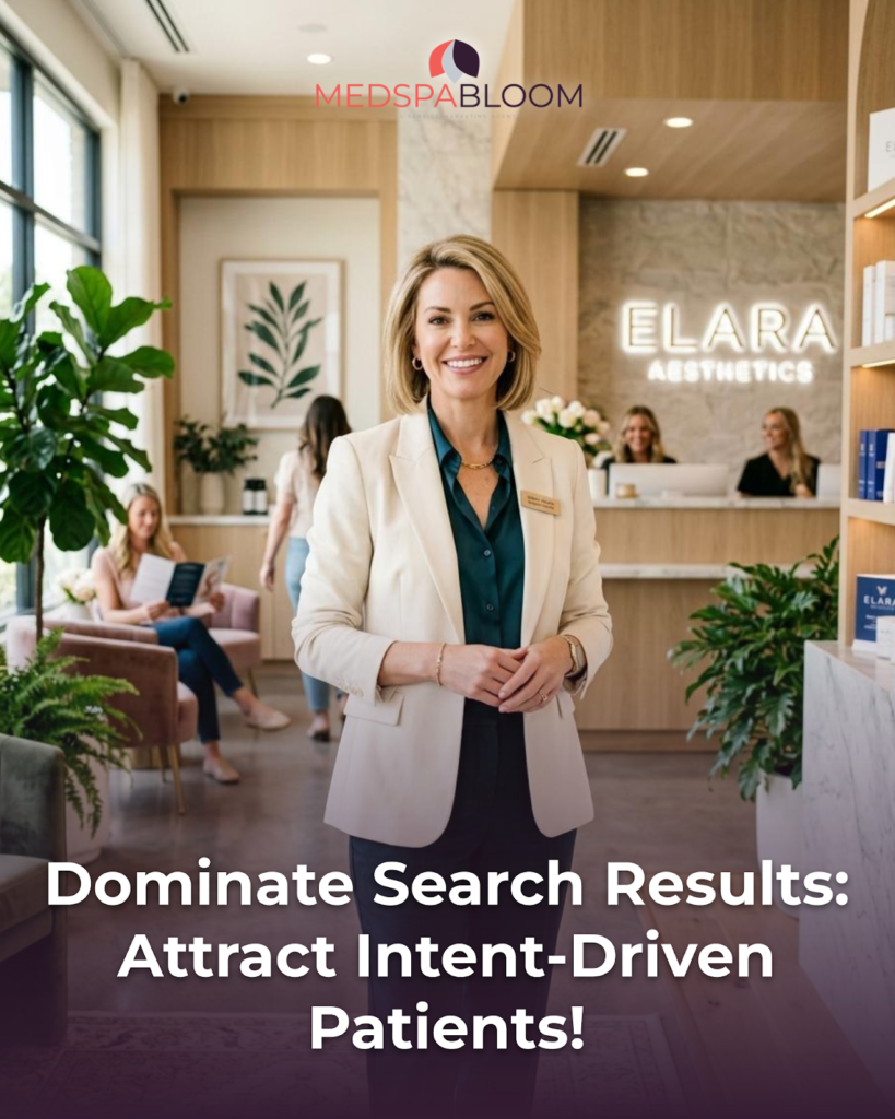 Receptionist at a modern aesthetics clinic smiling at the camera with a reception desk and ELARA AESTHETICS sign in the background, branding visible.