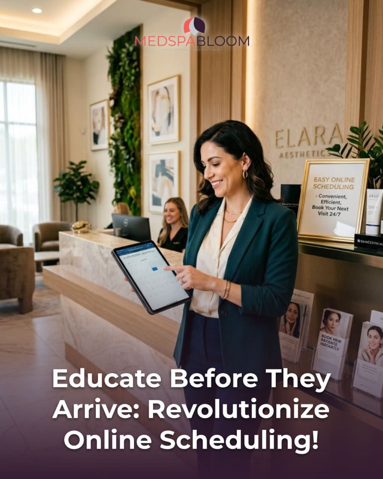 Receptionist in a teal blazer holds a tablet at a marble spa desk; MedSpa Bloom branding visible in a bright lobby.