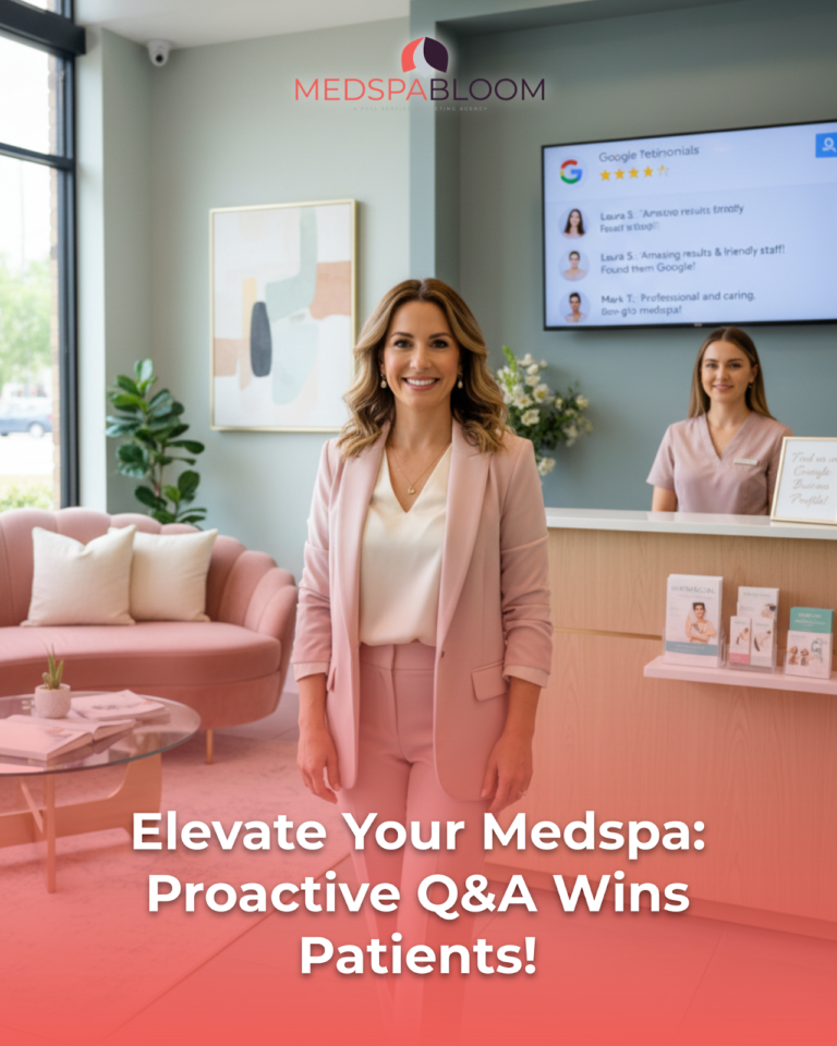 Smiling woman in a pink blazer stands in a modern MedSpa Bloom reception area with pink seating, wall art, and a receptionist in the background.