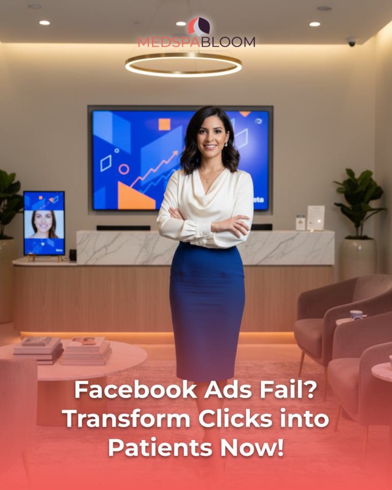 Professional businesswoman in a white blouse and blue skirt stands with arms crossed in a modern reception area, with a large screen and MedSpa Bloom logo behind her and bold headline text fading in at the bottom.