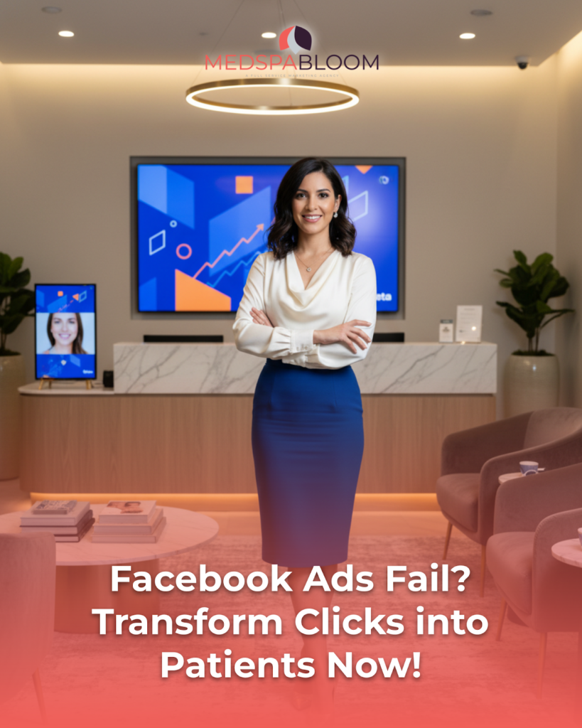 Professional businesswoman in a white blouse and blue skirt stands with arms crossed in a modern reception area, with a large screen and MedSpa Bloom logo behind her and bold headline text fading in at the bottom.