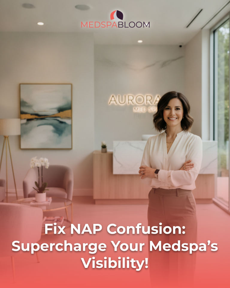 Professional woman standing in a modern spa reception area with the Aurora Med Spa sign in the background.