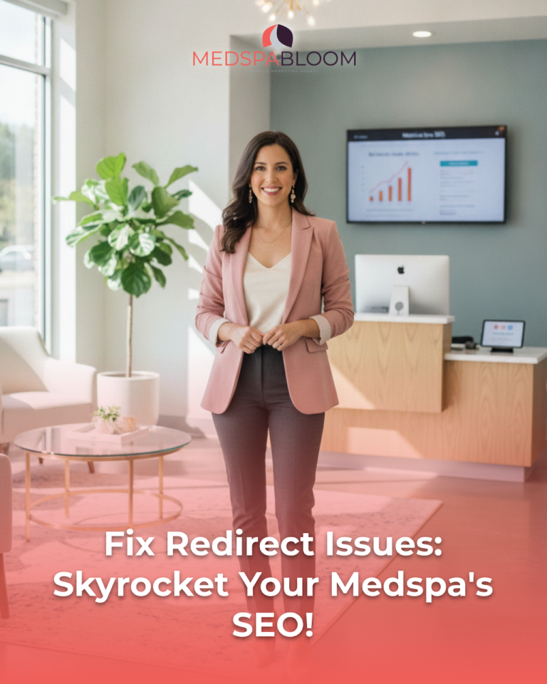 Professional woman in a pink blazer stands in a bright, modern office with a Medspa Bloom logo overhead and an SEO headline on screen in the background.