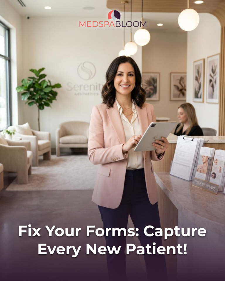 Friendl y clinic lobby scene with a smiling receptionist in a pink blazer holding a tablet; MedSpa Bloom logo visible above.