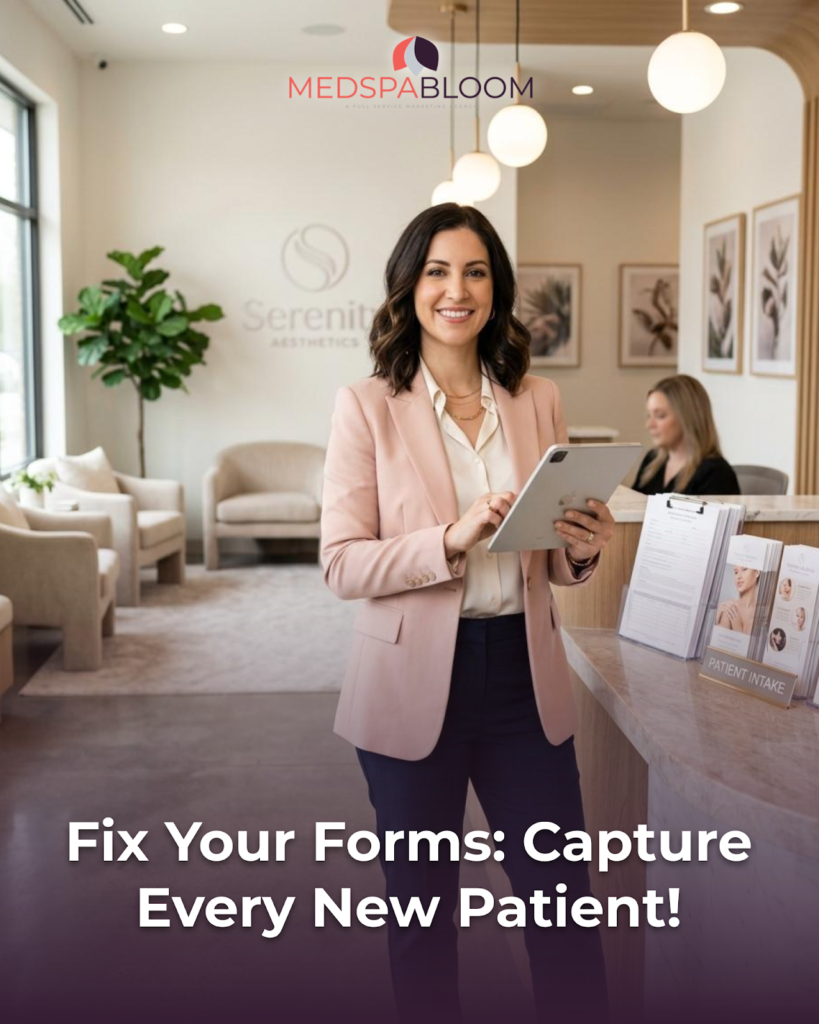 Friendl y clinic lobby scene with a smiling receptionist in a pink blazer holding a tablet; MedSpa Bloom logo visible above.