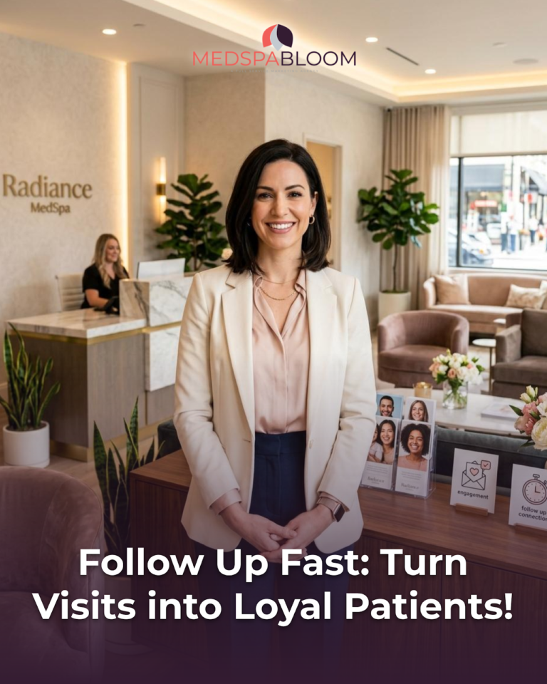 Receptionist in a cream blazer stands in a spa lobby with MedSpaBloom branding; overlay text reads 'Follow Up Fast: Turn Visits into Loyal Patients!'