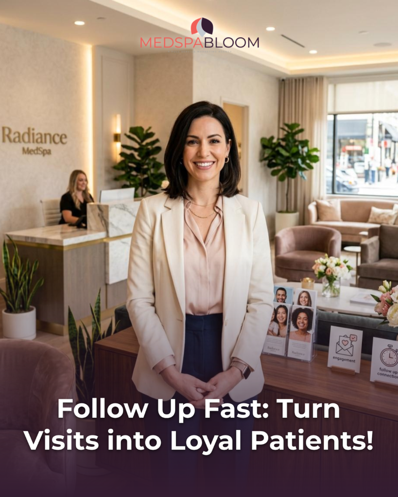 Receptionist in a cream blazer stands in a spa lobby with MedSpaBloom branding; overlay text reads 'Follow Up Fast: Turn Visits into Loyal Patients!'