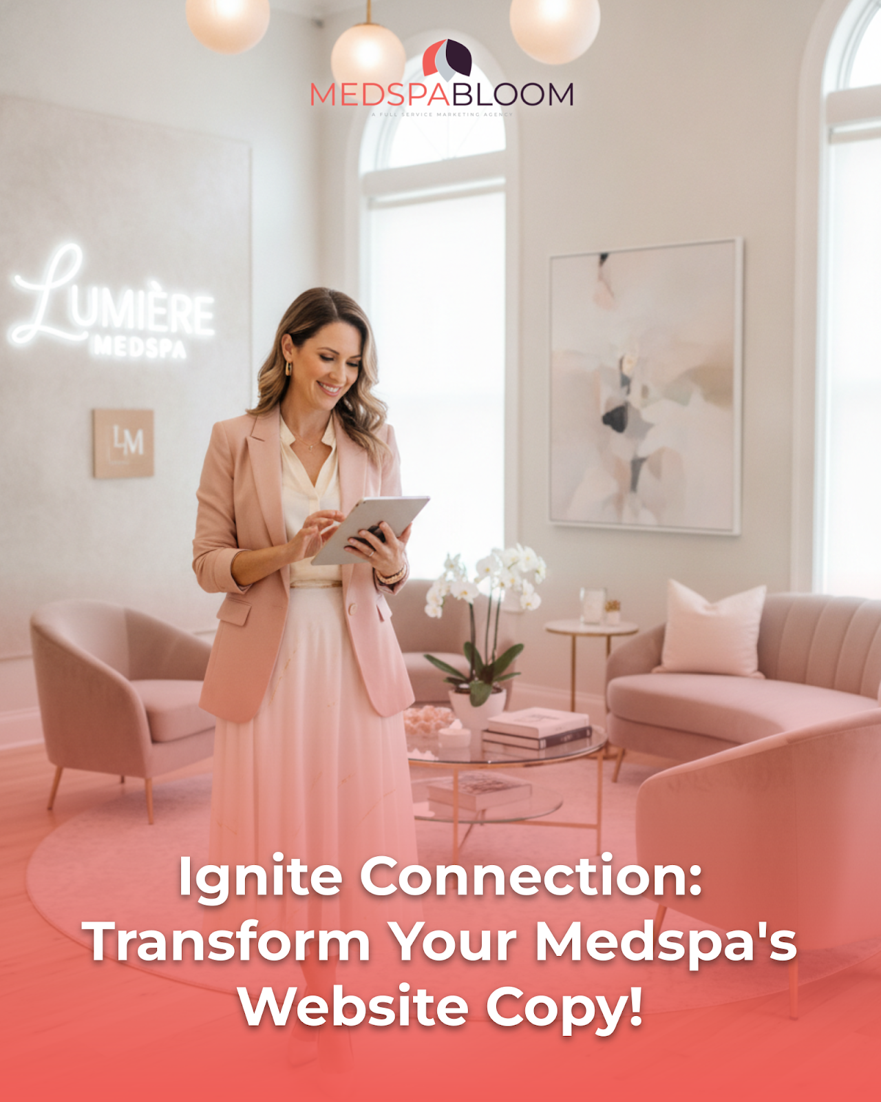 Professional woman in a pink blazer uses a tablet in a chic medspa lobby with soft pink decor and a Lumière MedSpa sign in the background.