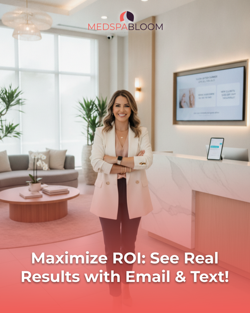Smiling businesswoman in a cream blazer stands in a modern reception; MedSpa Bloom logo above and bold promo text about ROI from email and text marketing.