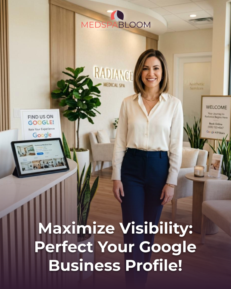 Smiling woman in a white blouse and navy pants stands in a modern spa reception area with Radiance Medical Spa branding behind her.
