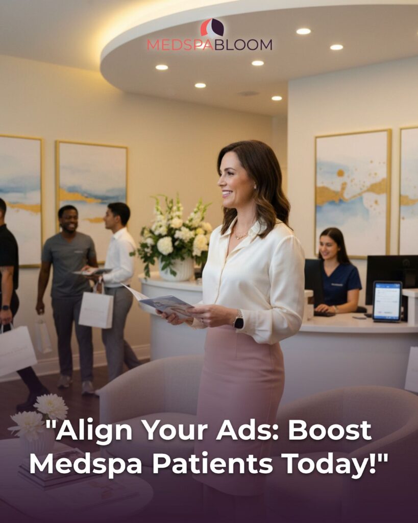 Professional woman at a spa reception holding a brochure, with staff and a MedSpaBloom logo in the lobby.