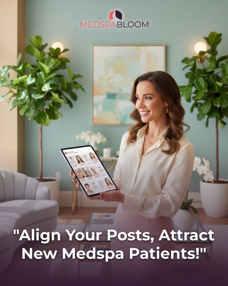 Smiling woman in a white blouse holds a tablet displaying a grid of staff photos in a modern medspa lobby; MedspaBloom logo on the wall above.
