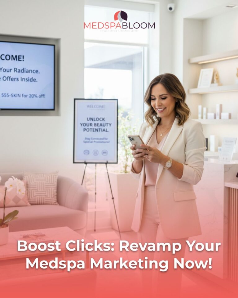 Woman in a pale pink suit stands in a bright MedSpa lobby, looking at her phone with a promotional sign nearby reading 'Unlock Your Beauty Potential.'