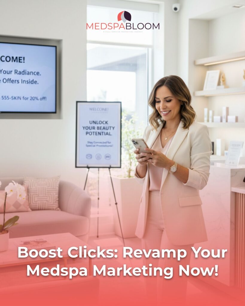 Woman in a pale pink suit stands in a bright MedSpa lobby, looking at her phone with a promotional sign nearby reading 'Unlock Your Beauty Potential.'