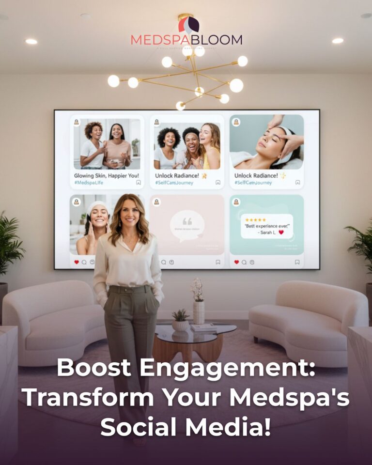 Professional woman standing in a modern lounge in front of a large screen showing MedSpa Bloom social posts and logo above.