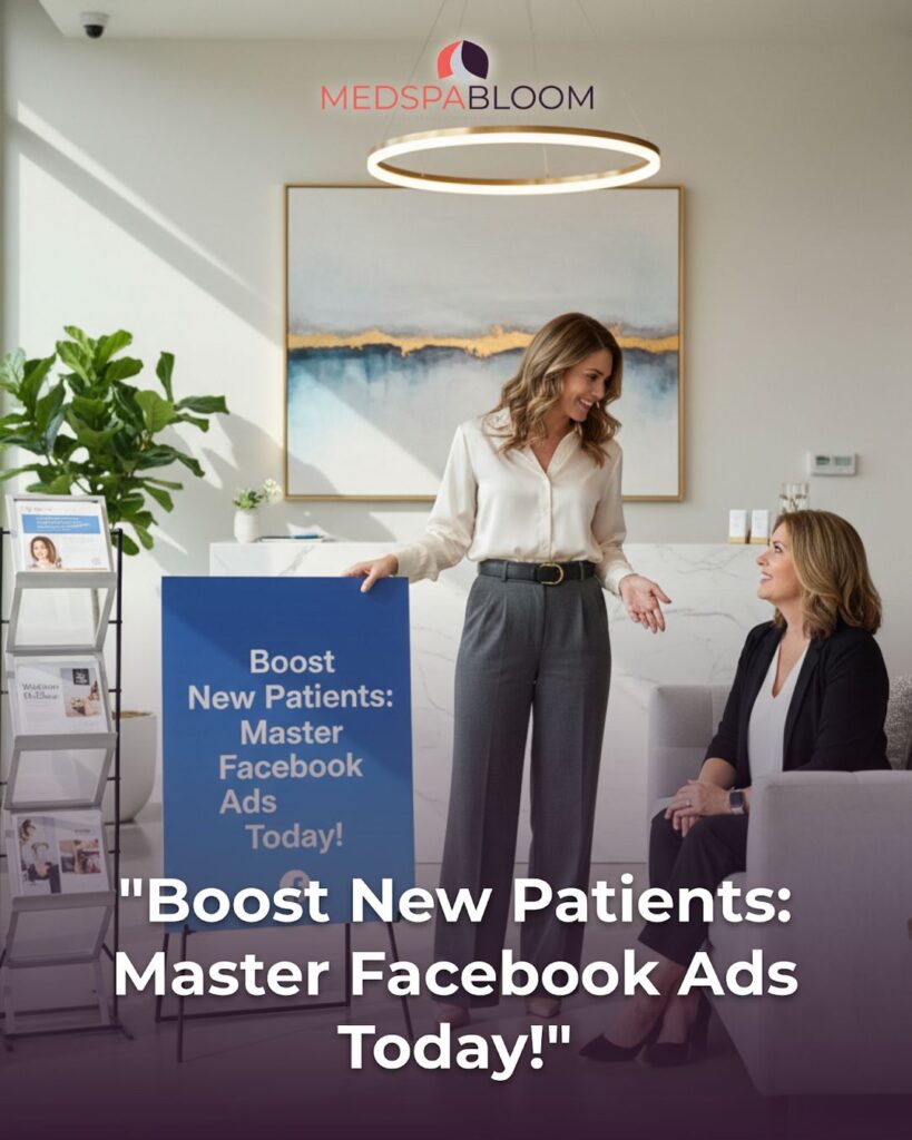 Two women in a bright spa reception, one standing by a blue sign that reads 'Boost New Patients: Master Facebook Ads Today!'