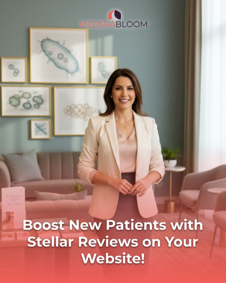 Smiling woman in a beige blazer stands in a modern reception area with the MedSpa Bloom logo; banner reads 'Boost New Patients with Stellar Reviews on Your Website!'