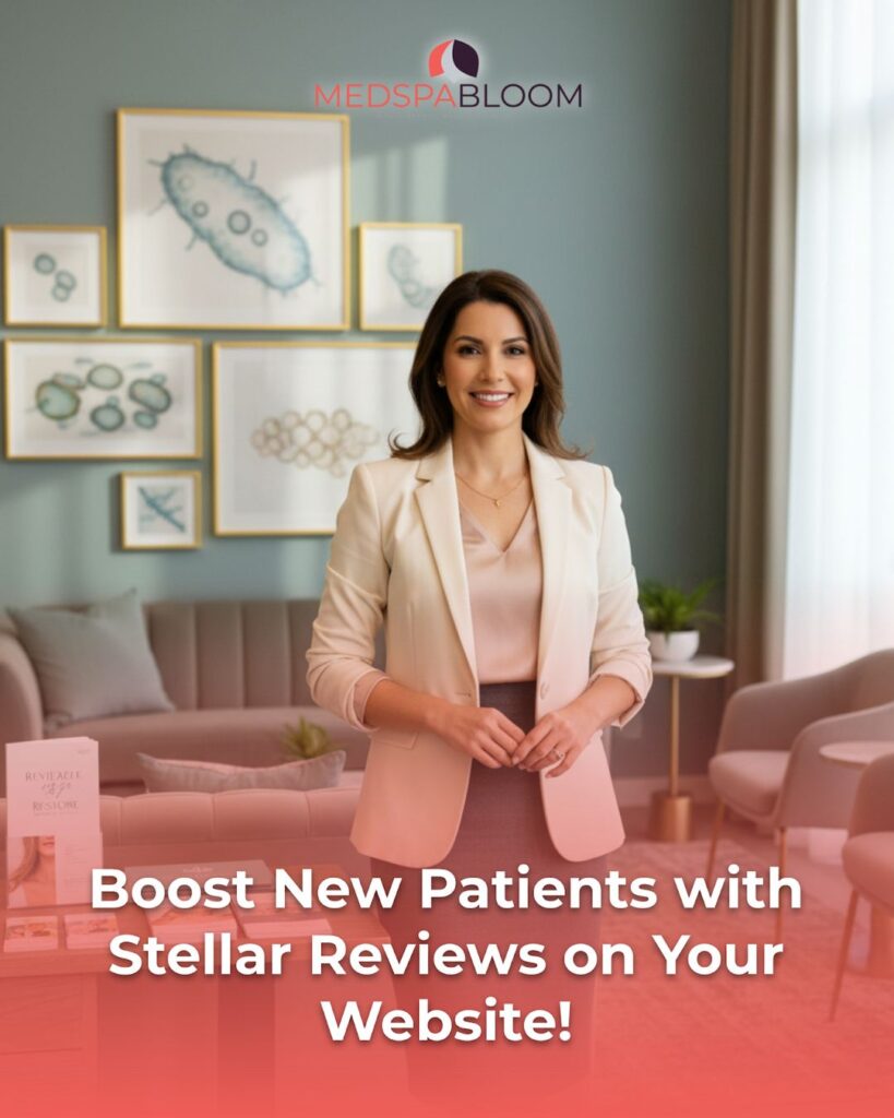 Smiling woman in a beige blazer stands in a modern reception area with the MedSpa Bloom logo; banner reads 'Boost New Patients with Stellar Reviews on Your Website!'