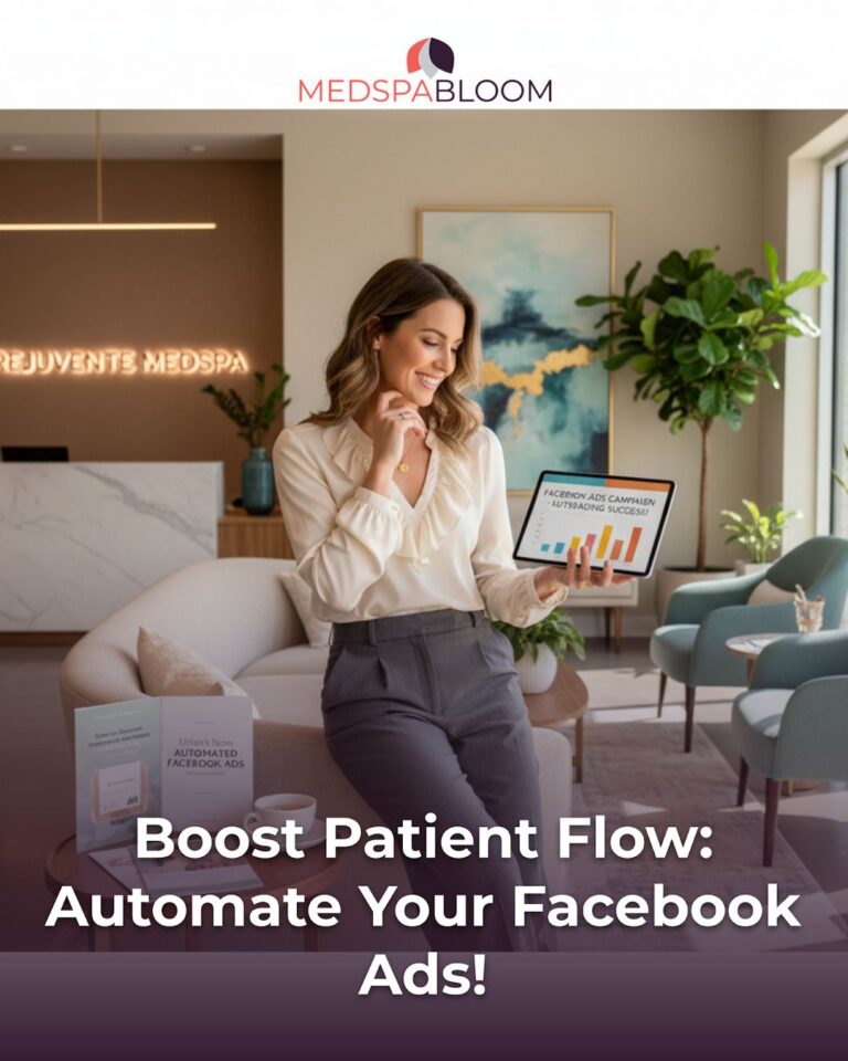 Professional woman in a modern reception holds a tablet showing a chart, promoting automated Facebook ads for MedSpaBloom.