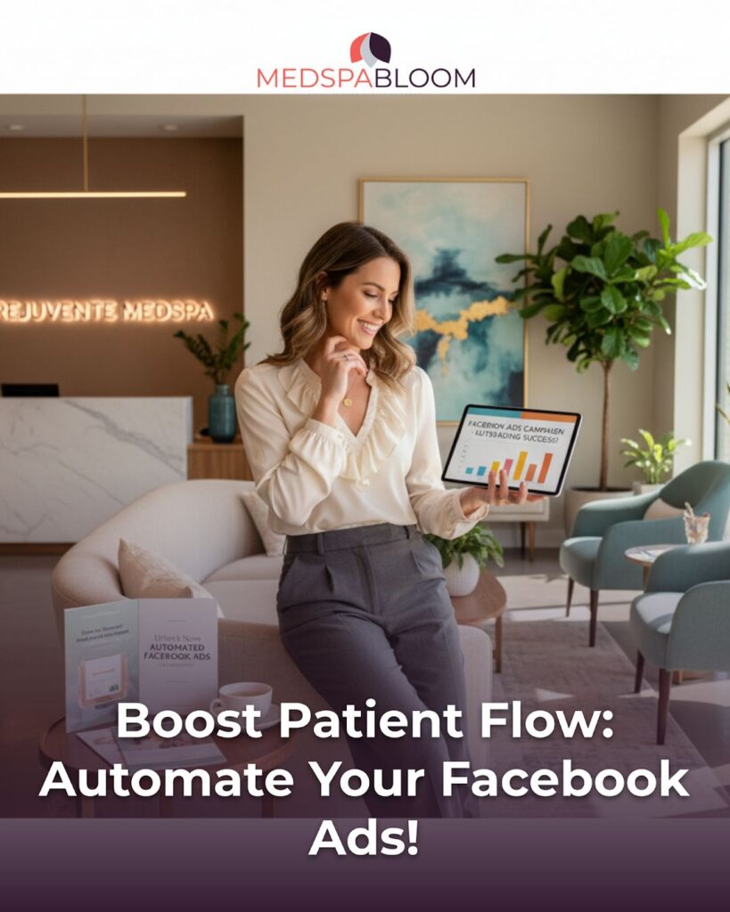 Professional woman in a modern reception holds a tablet showing a chart, promoting automated Facebook ads for MedSpaBloom.