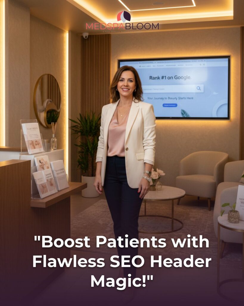 Professional woman in a cream blazer stands in a sleek med spa lobby with a large screen displaying a Google search page and bright logo above.