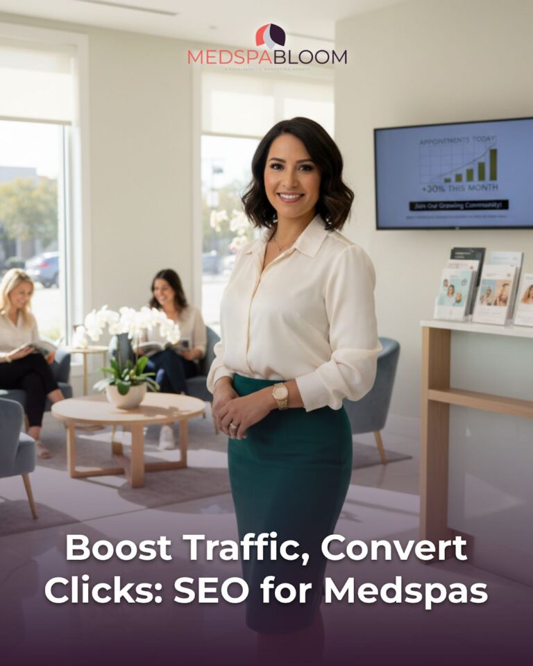 Professional woman in a modern reception area with a MedSpa Bloom logo overhead and article title text: 'Boost Traffic, Convert Clicks: SEO for Medspas'