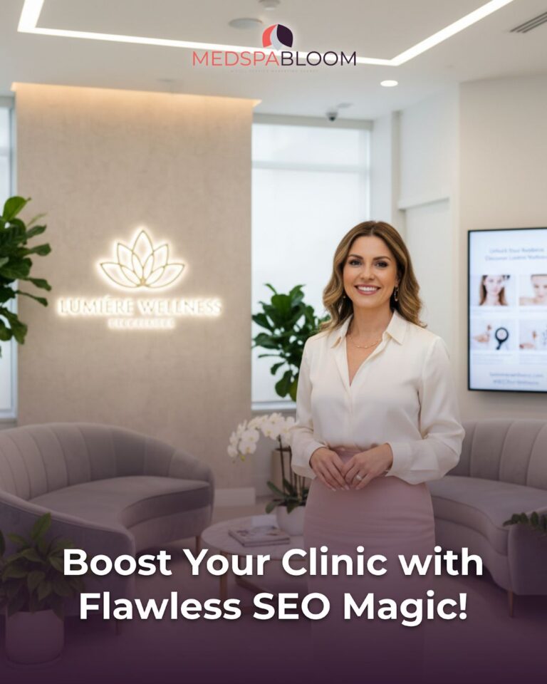 Smiling woman in a modern clinic lobby with a Lumière Wellness sign; promotional text reads 'Boost Your Clinic with Flawless SEO Magic!'
