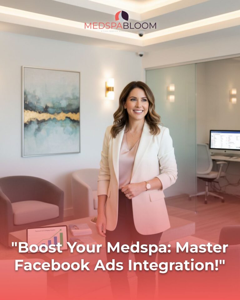 Professional woman in a modern office with MedspaBloom logo above, foreground text reads: “Boost Your Medspa: Master Facebook Ads Integration!”