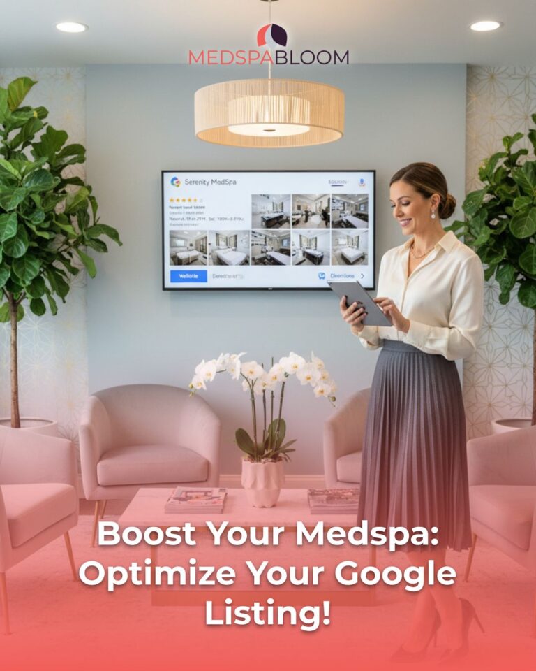 Businesswoman using a tablet in a chic medspa lobby; a listing gallery is on the screen behind her with the text 'Boost Your Medspa: Optimize Your Google Listing!' in the foreground.